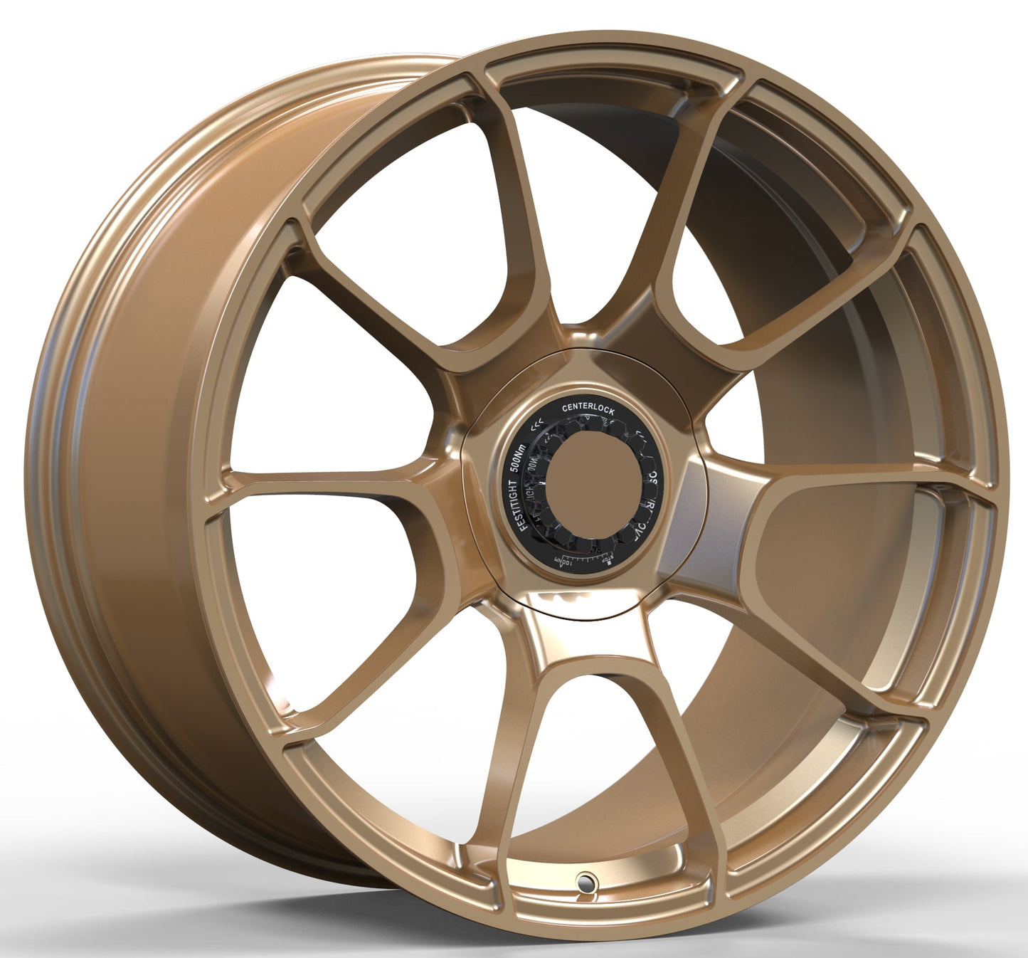 Gold alloy wheel with a prominent logo on a white background
